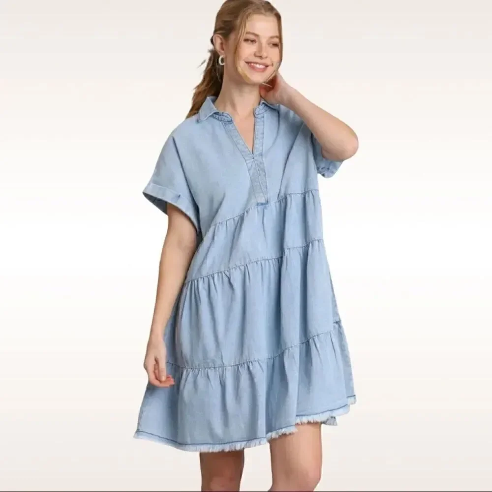Umgee Ruffle Tiered Denim Dress with Frayed Hem NWT